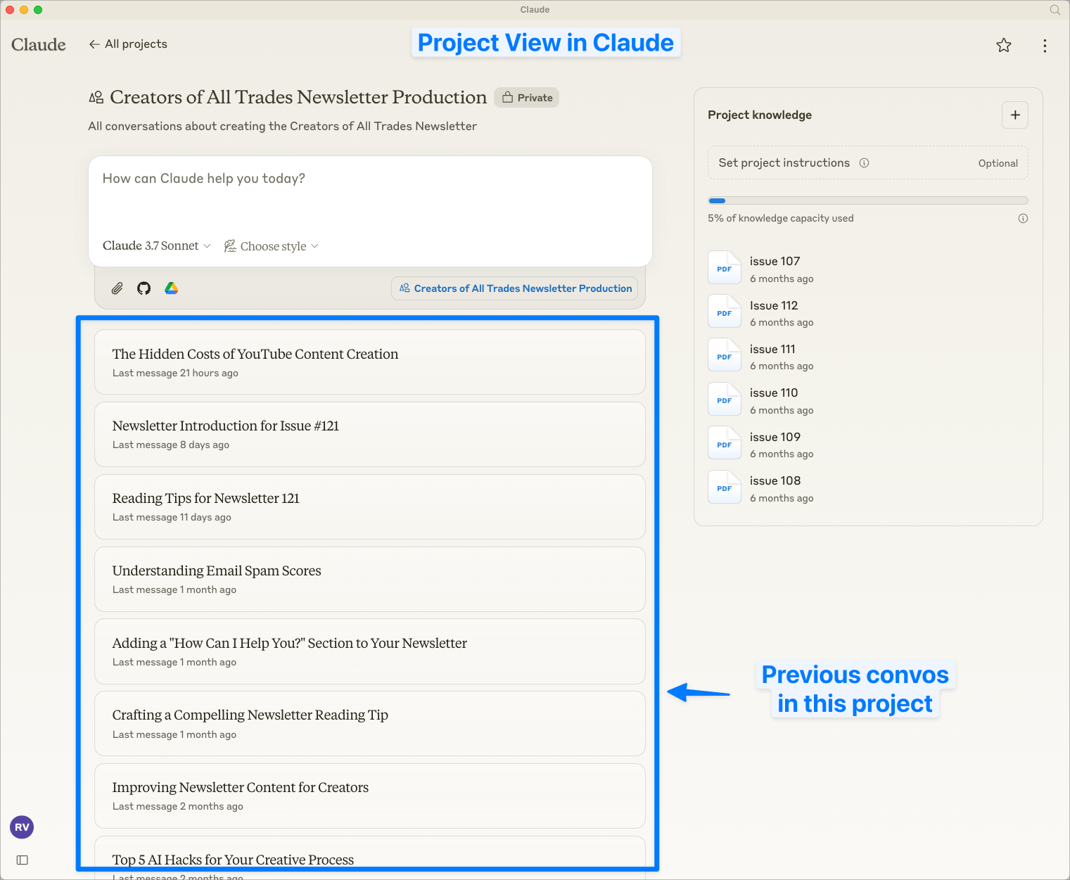 Tela inicial dos Projetos no Claude com lista de projetos organizados por área do negócio