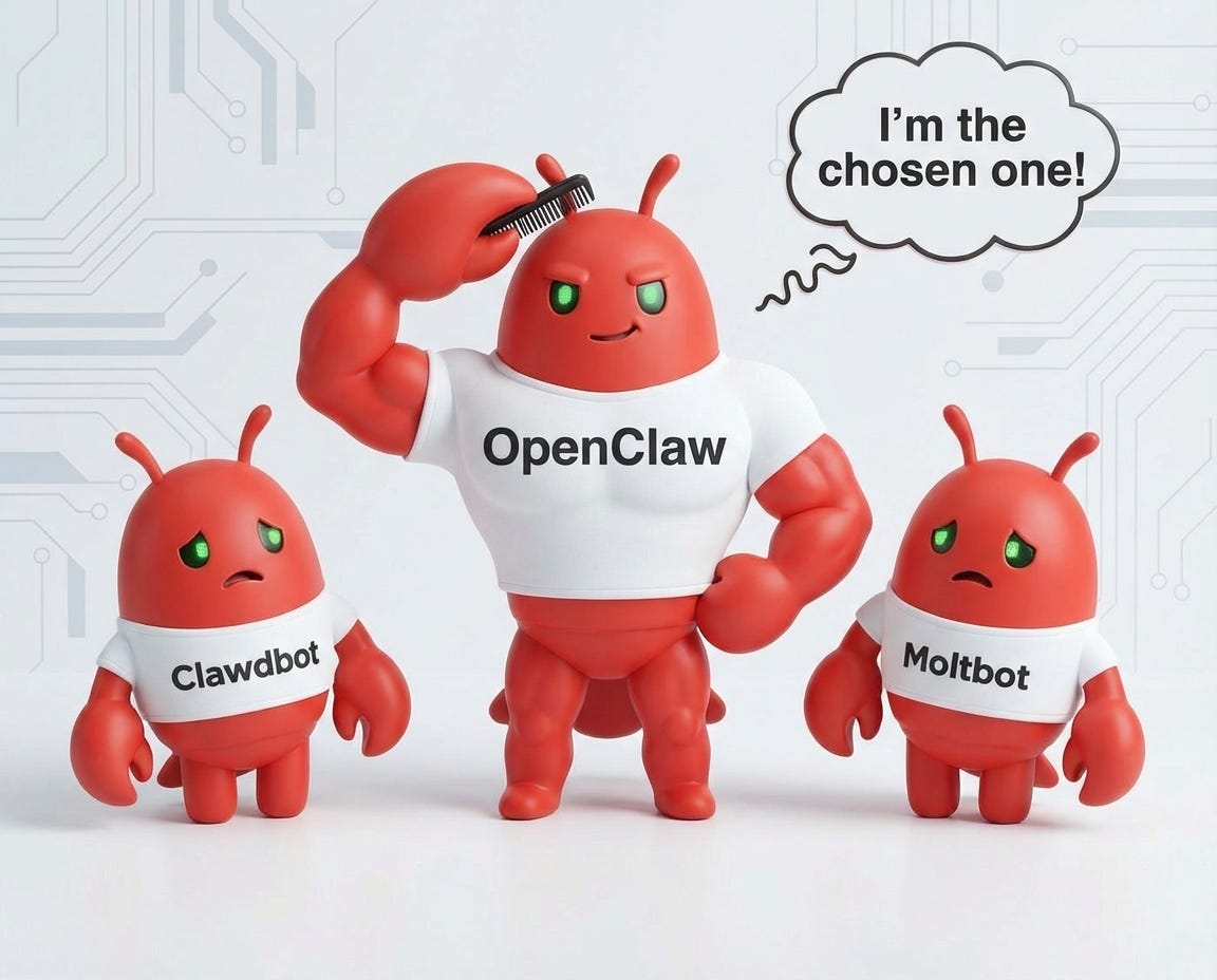 Três personagens lagosta representando Clawdbot, Moltbot e OpenClaw