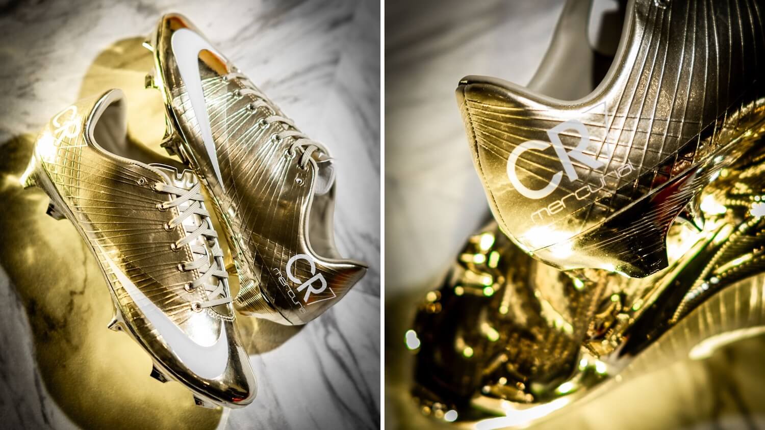 Detalhe da chuteira dourada Nike com inscricao GOAT e marca CR7 marketing de momento