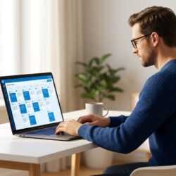 Empreendedor revisando um calendário de posts de LinkedIn agendados no laptop, simbolizando constância de conteúdo