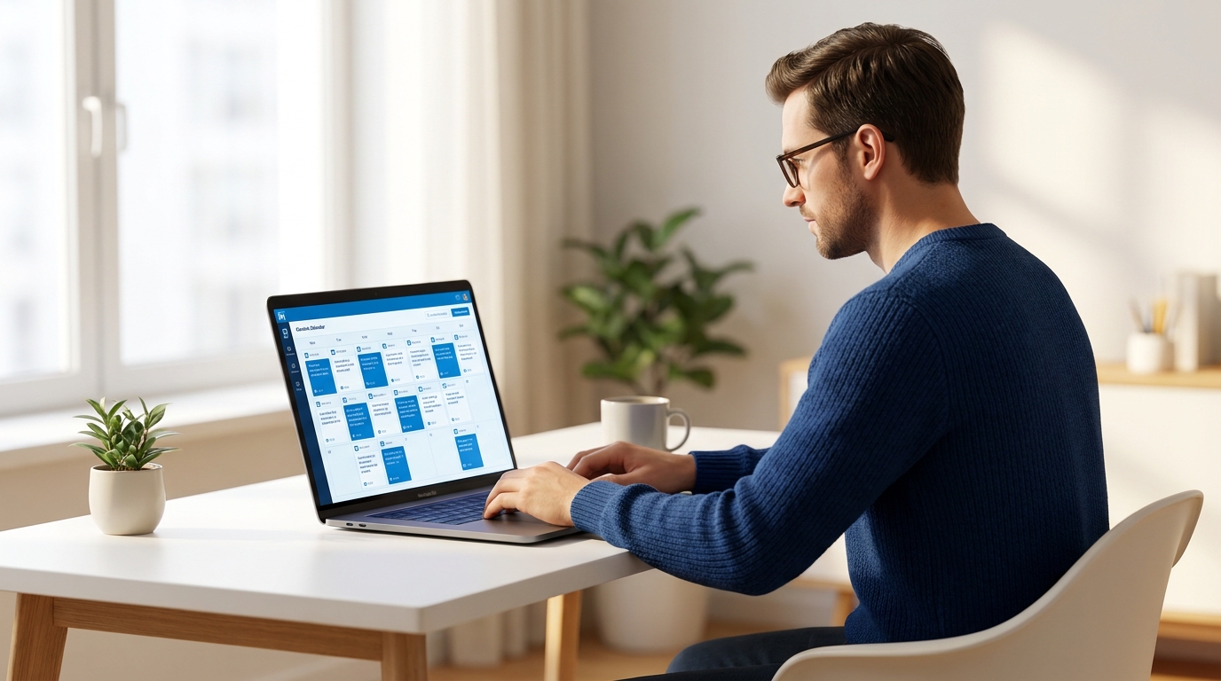 Empreendedor revisando um calendário de posts de LinkedIn agendados no laptop, simbolizando constância de conteúdo