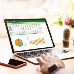 Dono de negócio analisando fluxo de caixa e planilha financeira no notebook