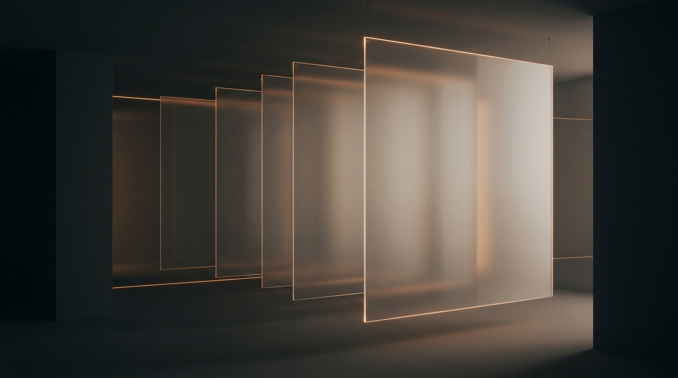 Painéis de vidro conectados por linhas de luz, representando protocolo que conecta assistentes de IA a sistemas