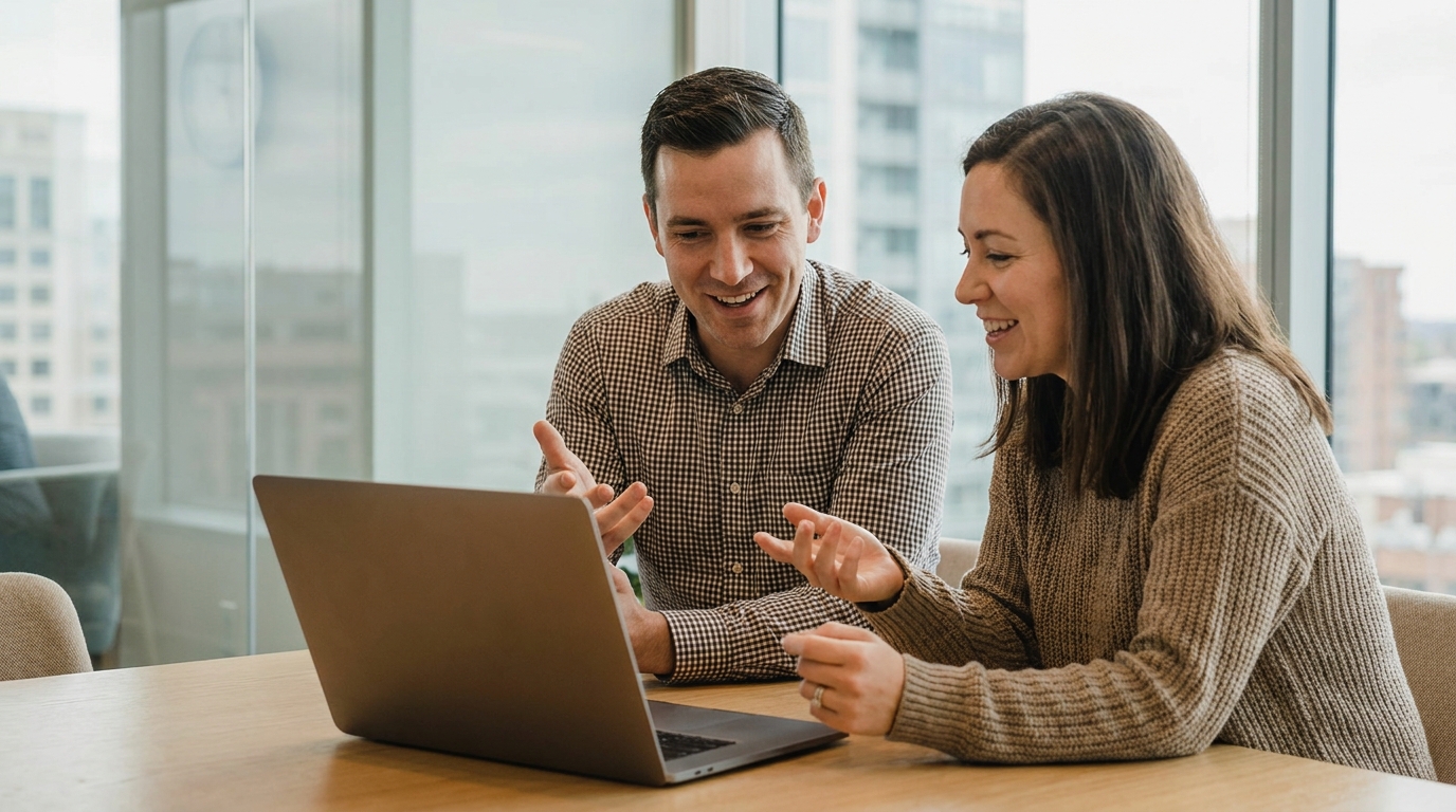 Duas pessoas de um time revisando uma ferramenta interna no laptop