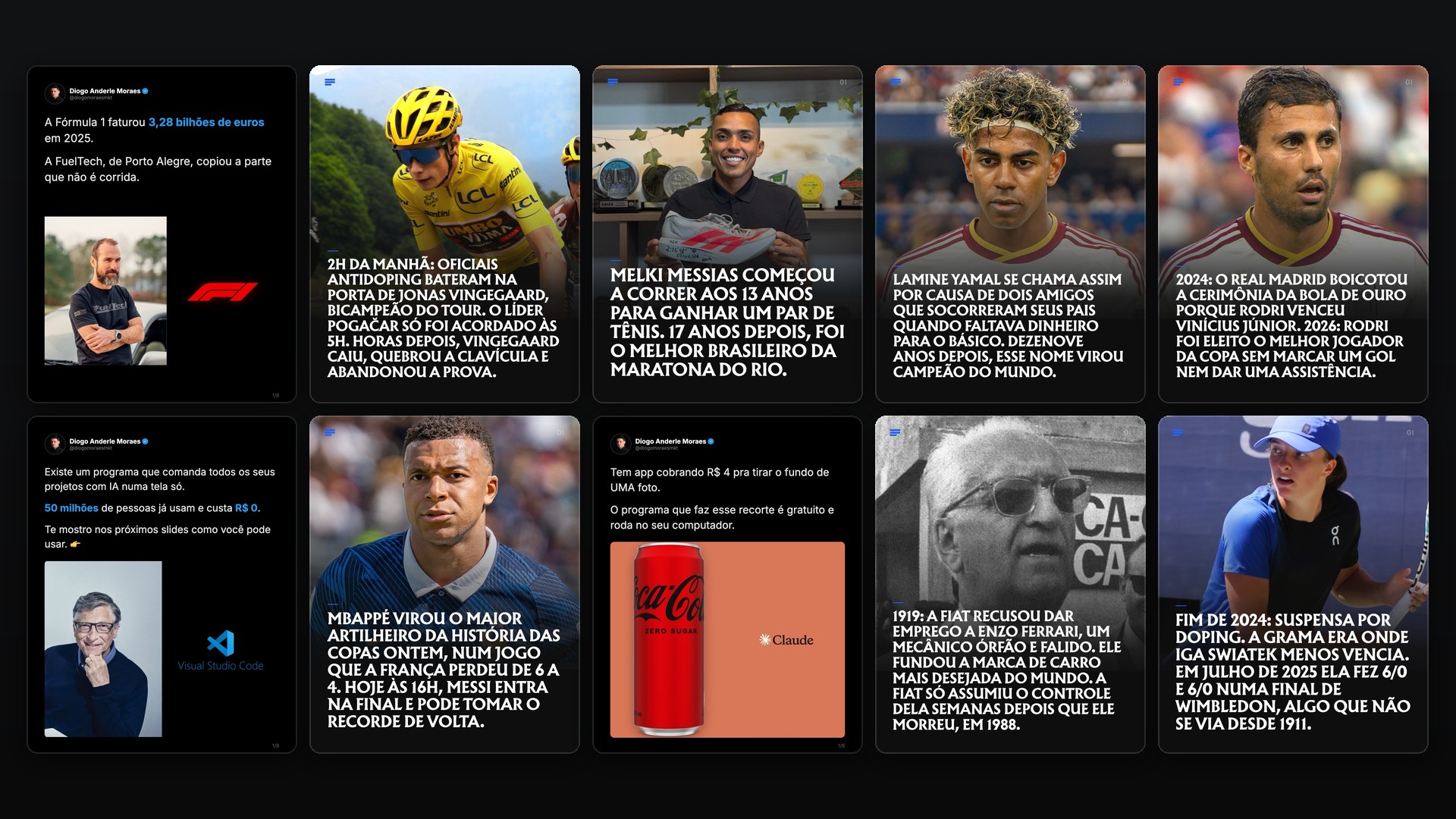 Mosaico de capas de carrosséis do Instagram publicados diariamente, alternando o formato de história e o formato de card de rede social
