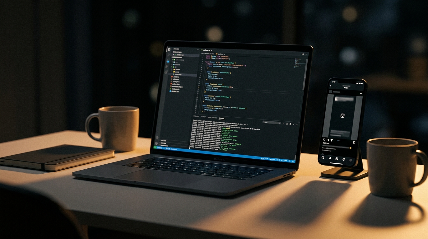 Mesa de trabalho à noite com notebook aberto em um editor de código e celular ao lado exibindo um post vertical de rede social