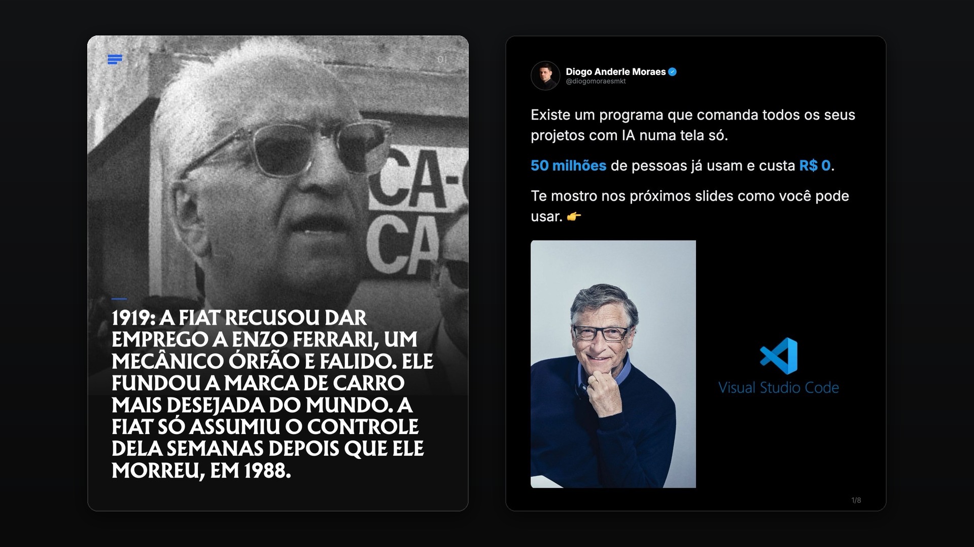 Os dois formatos de carrossel lado a lado: à esquerda o formato de história com foto e manchete, à direita o formato de card de rede social com texto e imagem de apoio
