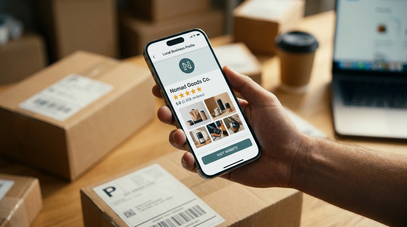 Perfil de empresa com avaliações cinco estrelas em um celular, com encomendas prontas para envio ao fundo