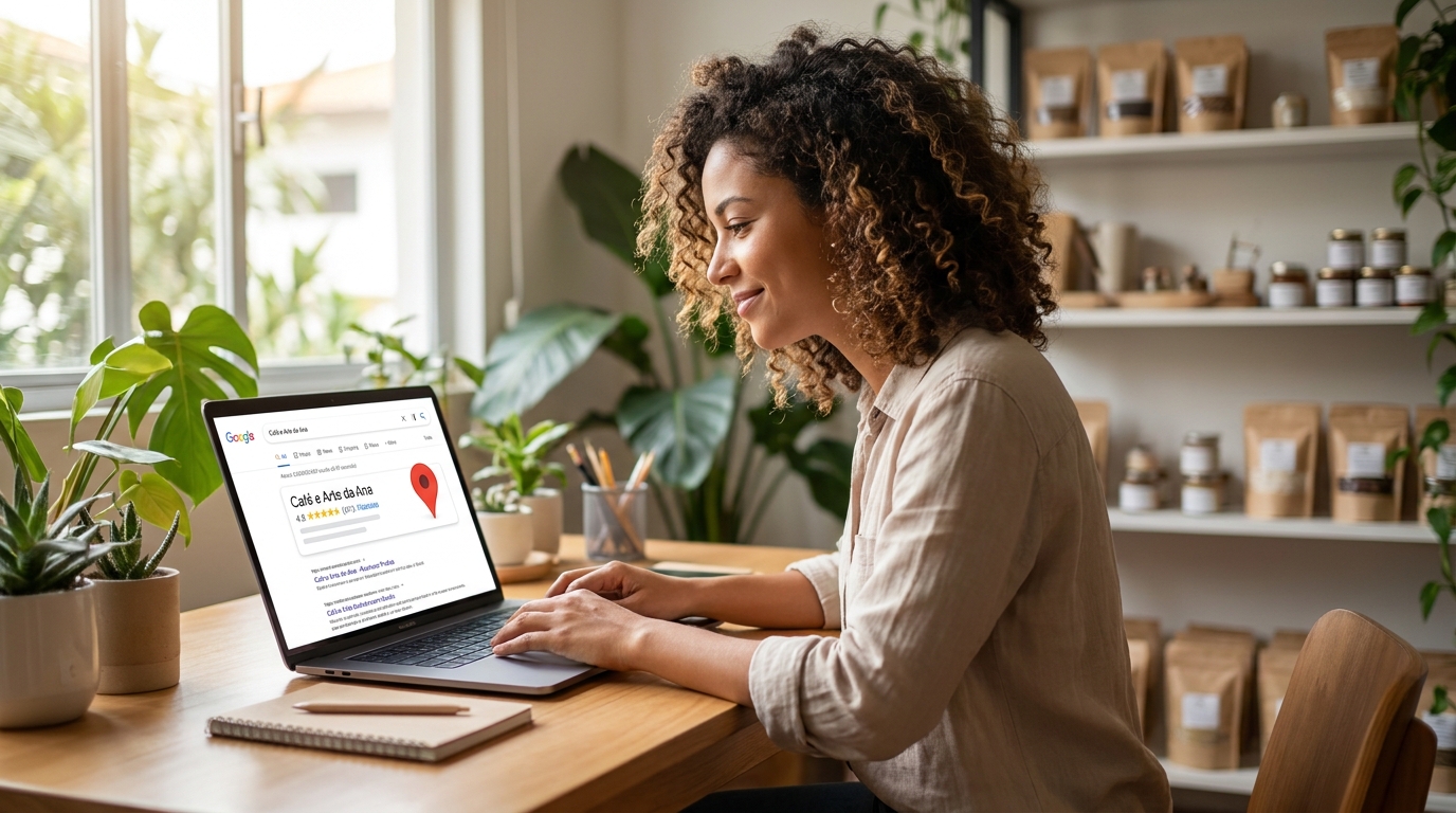 Empreendedora de loja virtual vendo o perfil da empresa no Google em um notebook
