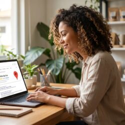 Empreendedora de loja virtual vendo o perfil da empresa no Google em um notebook